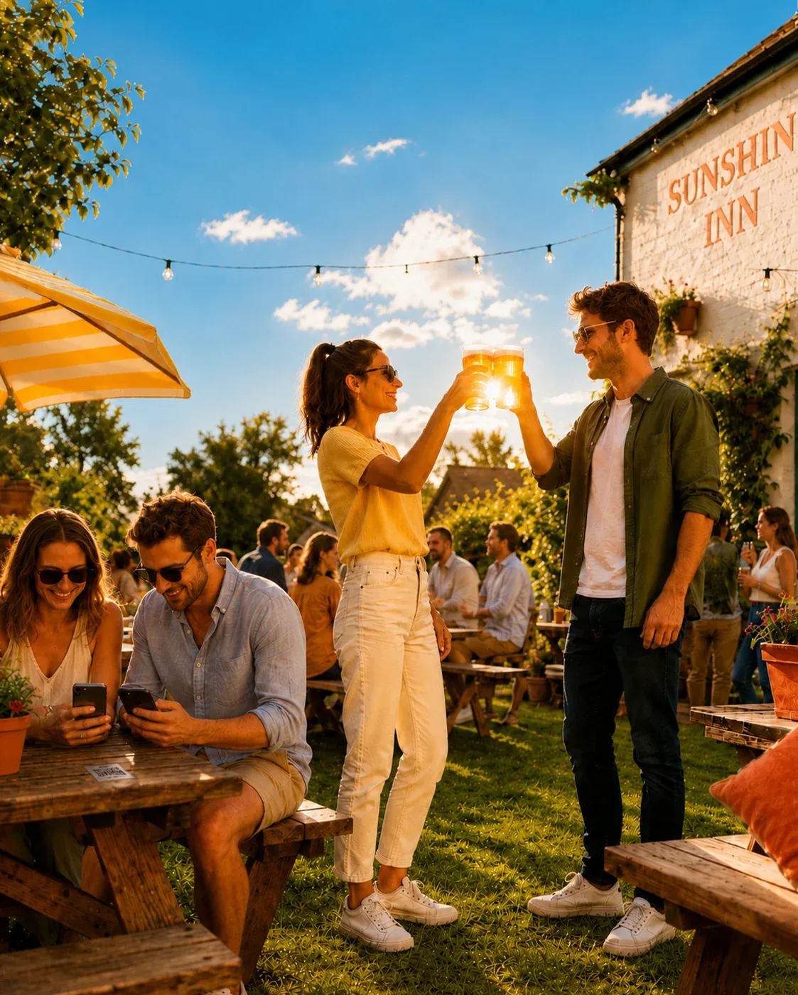 Illustration of a pub with a long queue at the bar