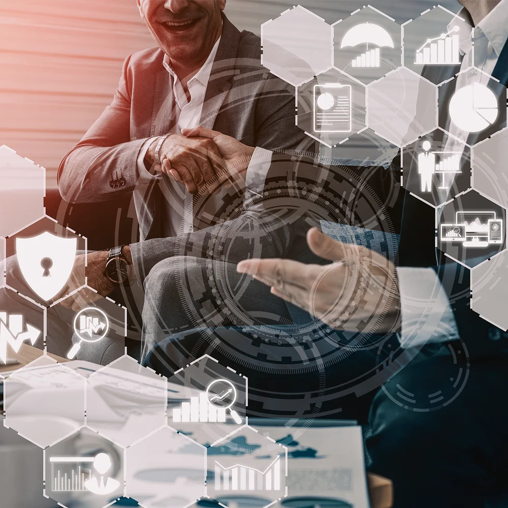 Graphics of inter-connected software features over an image of two colleagues shaking hands