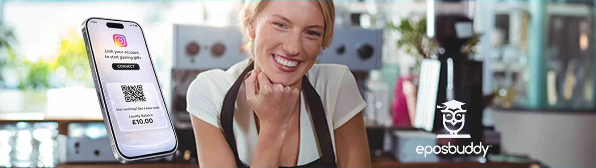A smiling hospitality business owner with a screenshot of eposbuddy marketing integration.